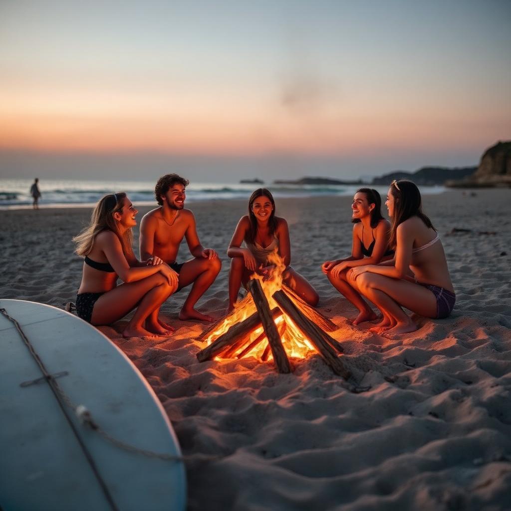 Gruppe junger Freunde am Lagerfeuer am Strand