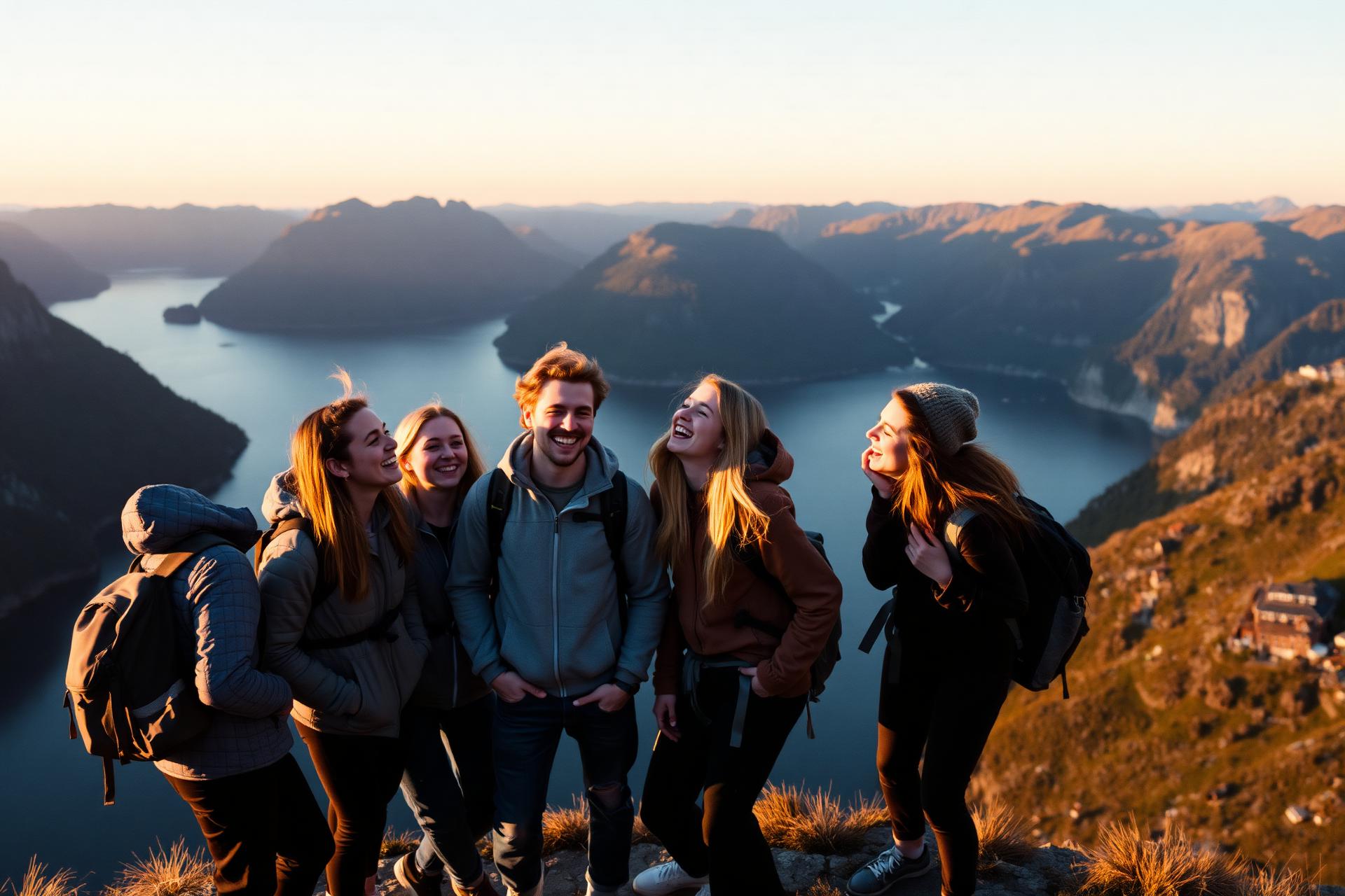 Freunde erleben gemeinsam einen Sonnenuntergang über einem Fjord